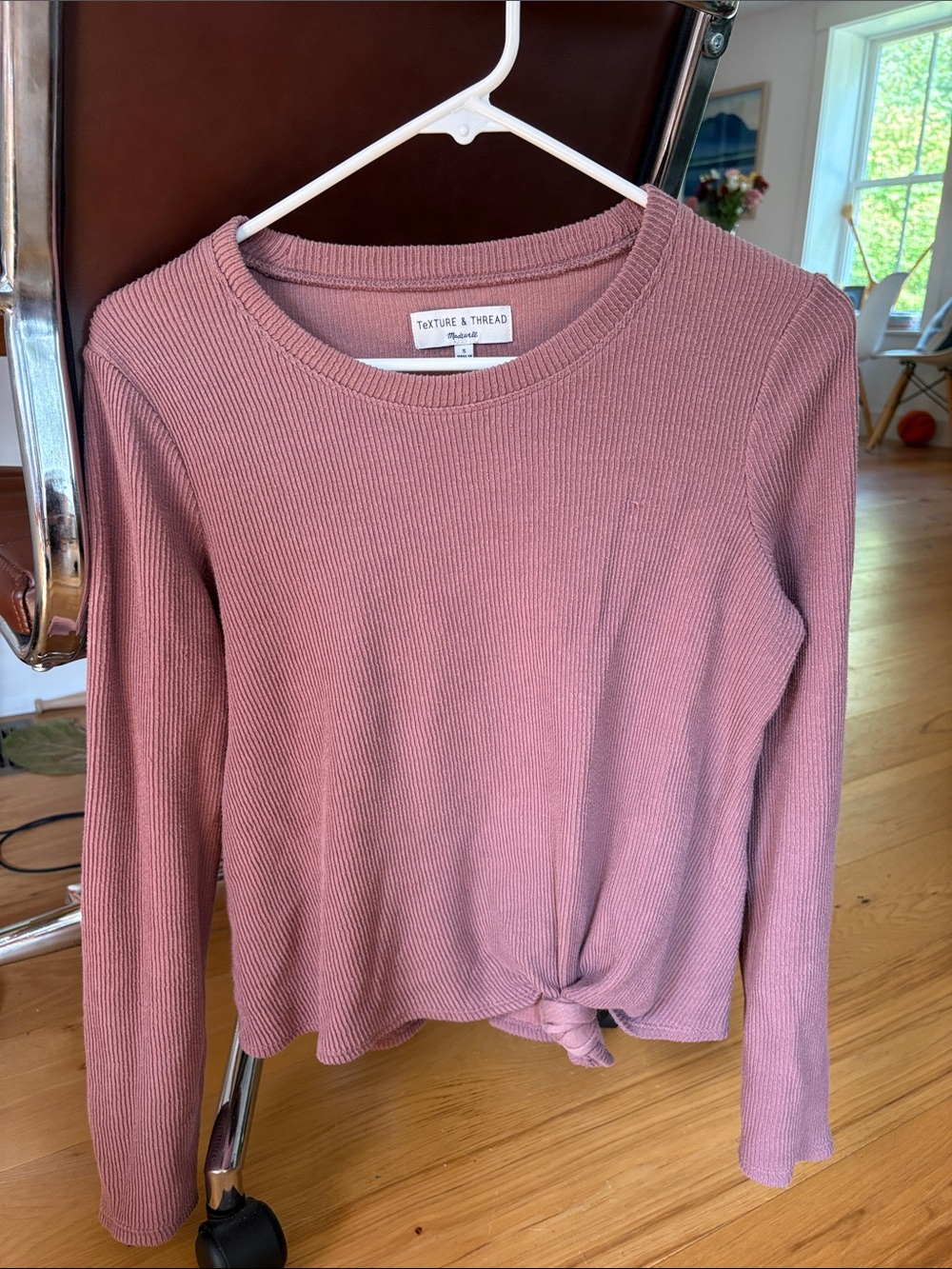 Madewell Mauve Ribbed Long-Sleeve Tie-Front Top